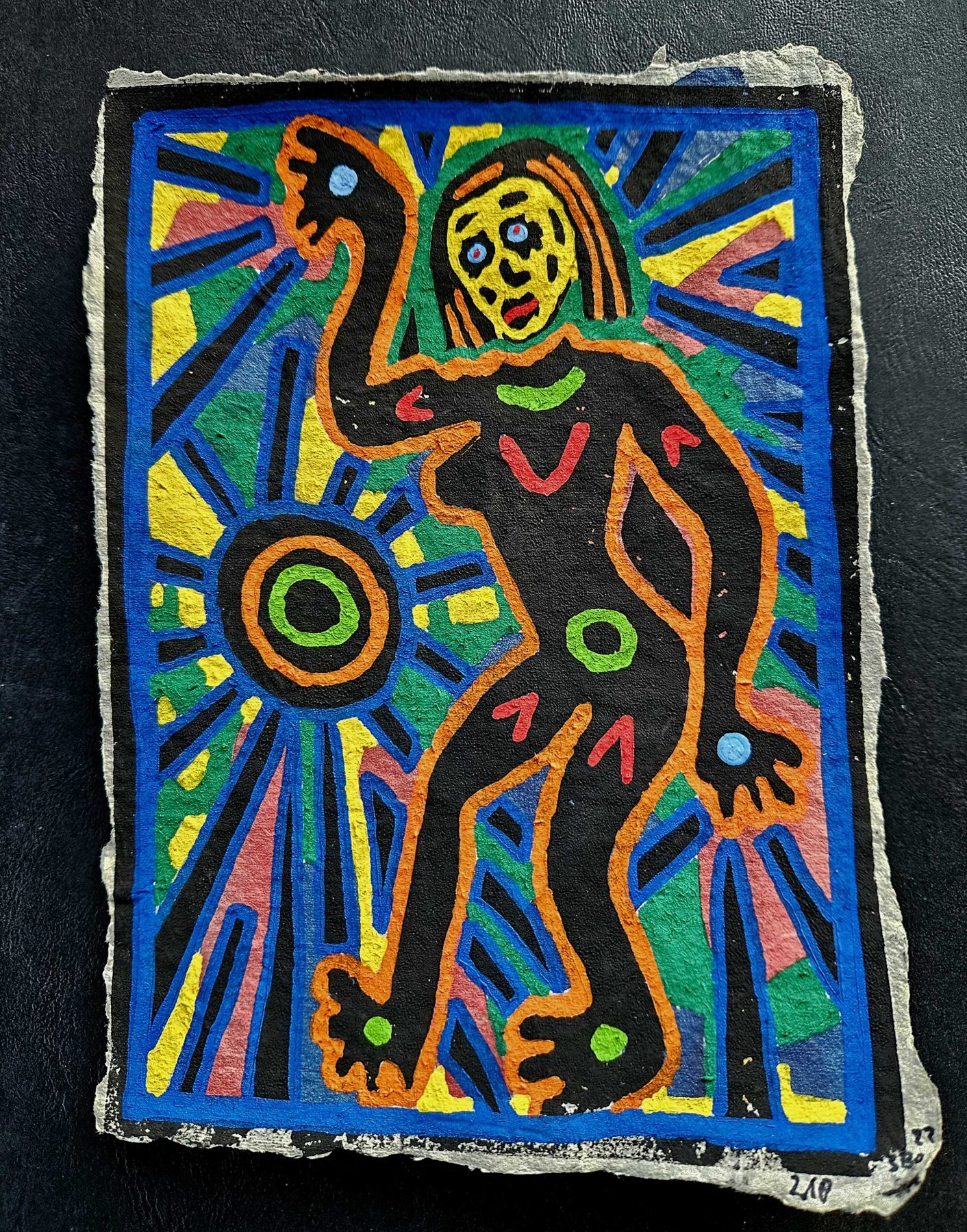 Figure dansante sur papier, noir, orange et bleu cobalt