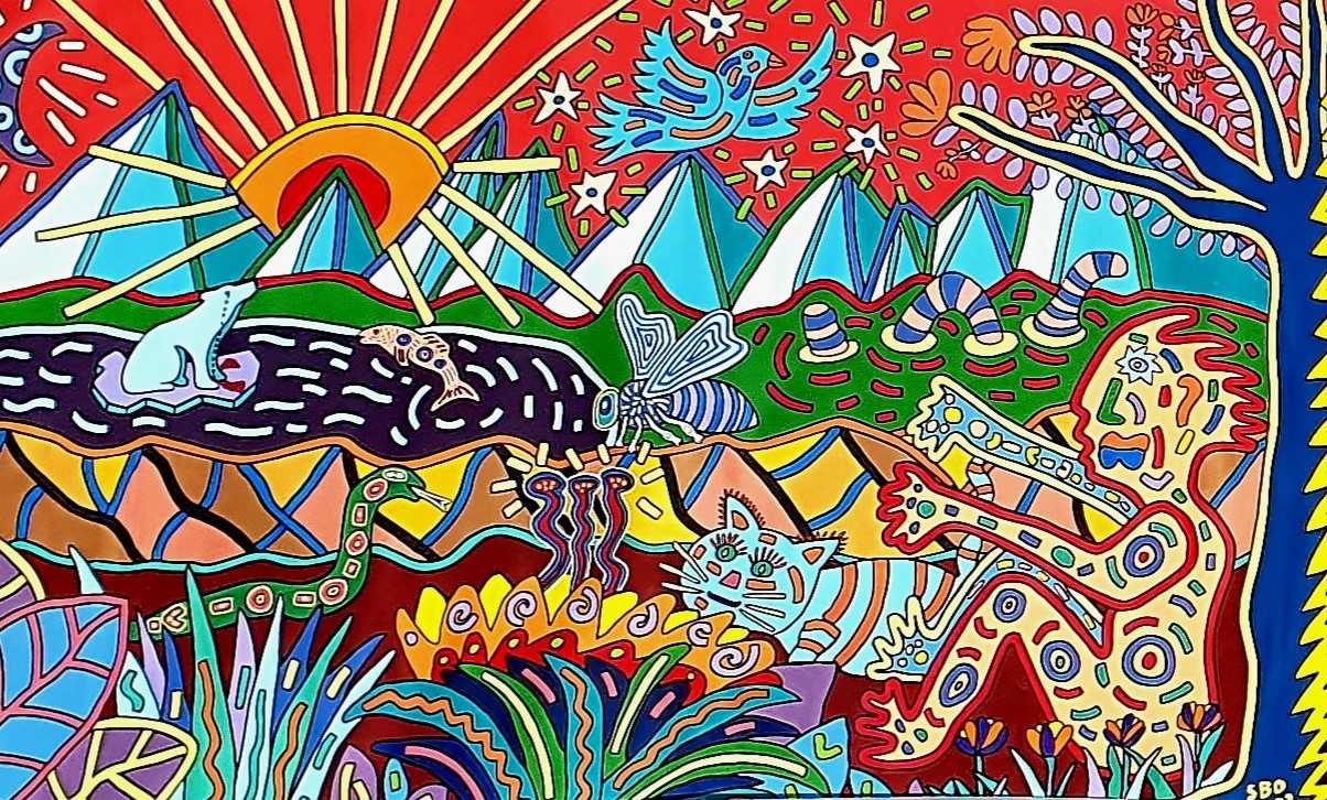 L'effondrement, peinture acrylique de SBO : soleil, montagnes, faune et flore dans une cosmogonie colorée