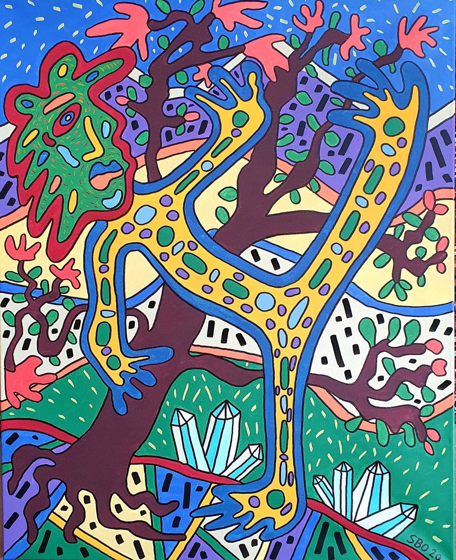 Arbre-figure dansant, cristaux, fond coloré