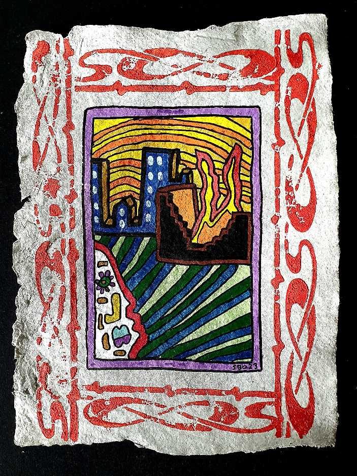 Paysage architectural violet et vert sur papier, bordure rouge