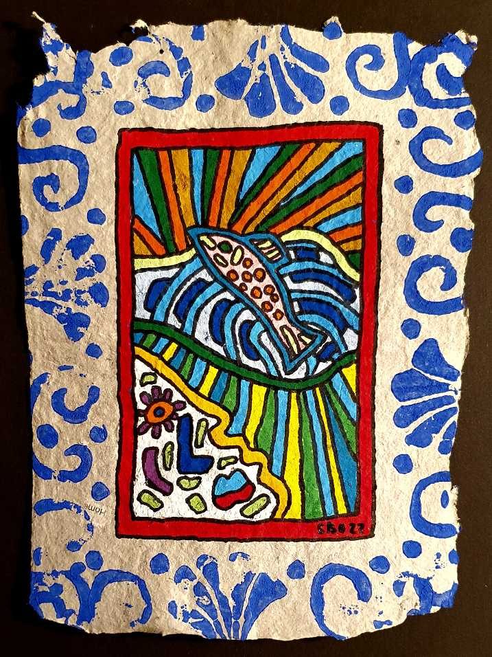 Scène de rayons colorés, bordure de motifs rouges