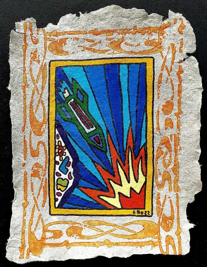 Vague et coquillage colorés dans un cadre rouge, bordure bleue