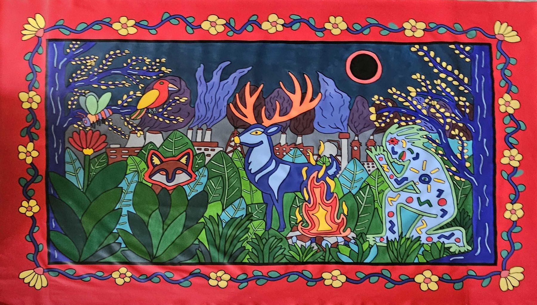Pardon : cerf bleu, renard et figure agenouillée devant un feu, usines en arrière-plan, bordure rouge fleurie