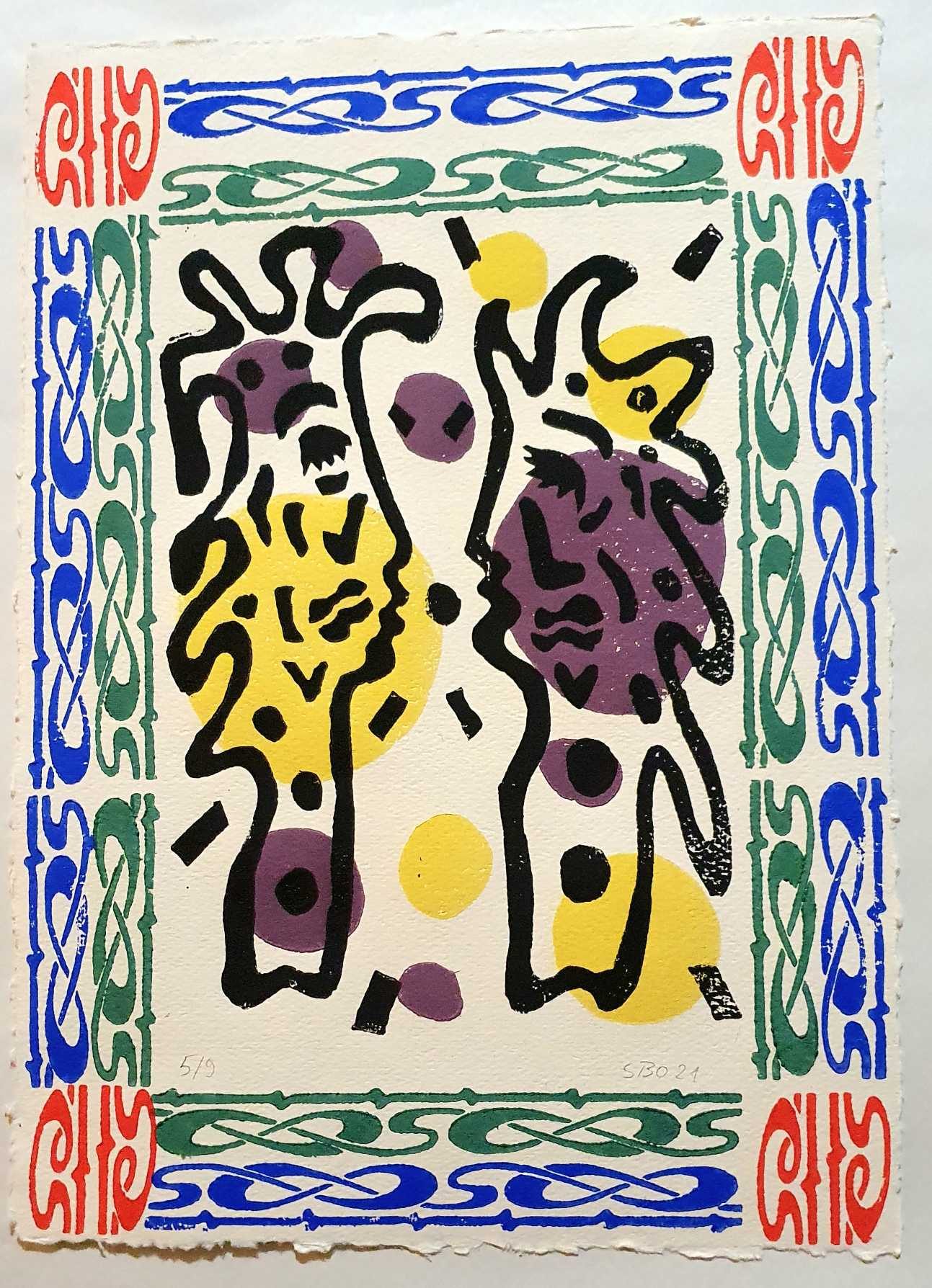 Première rencontre, 1er tirage : deux figures noires, violet et jaune, bordure ornementale
