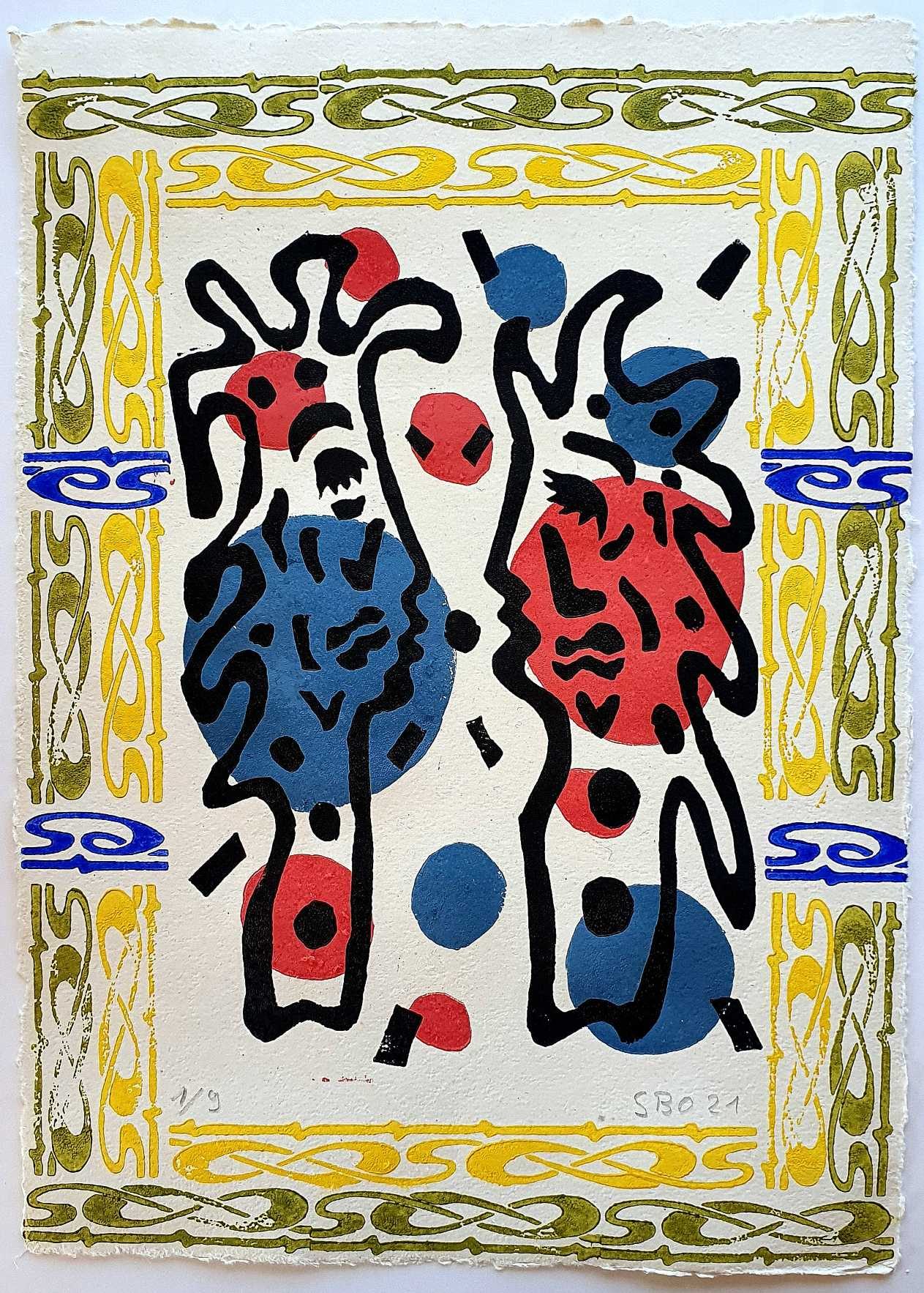 Première rencontre, 2e tirage : deux figures noires, rouge et bleu, bordure olive